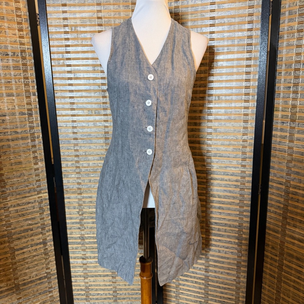 Hirsch Linen Longline Vest Women 8 Grey Vintage Cinch Back Sleeveless Jacket
